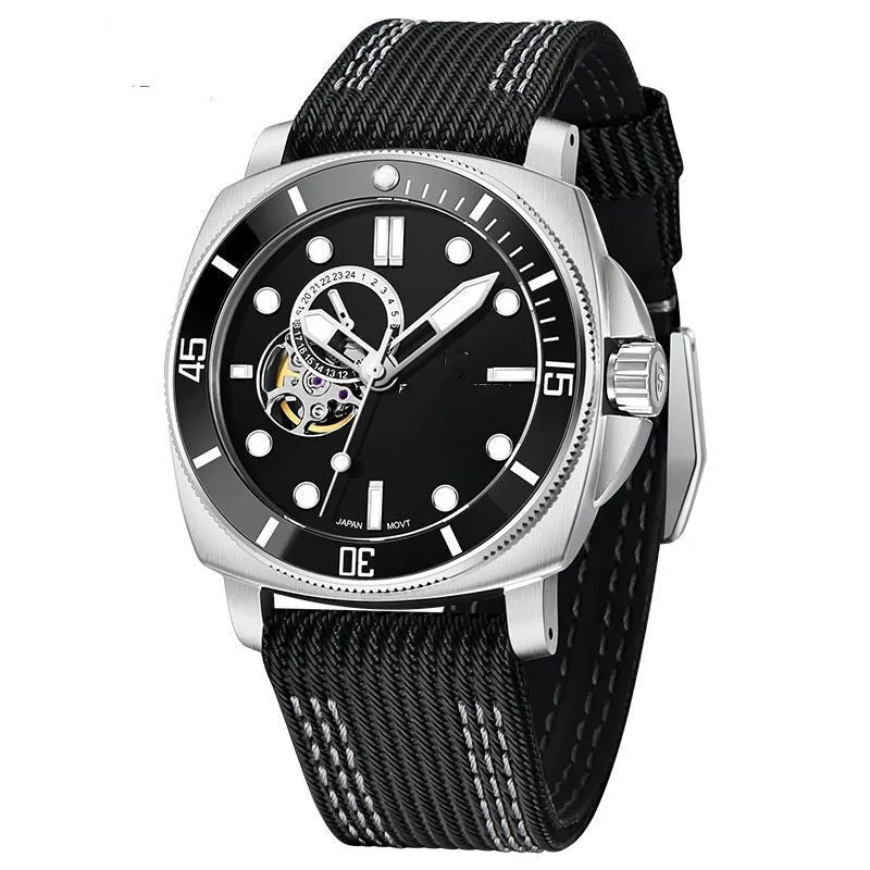 Fully automatic mechanical sports watch with black nylon leather strap, 43mm dial, night light, and calendar display