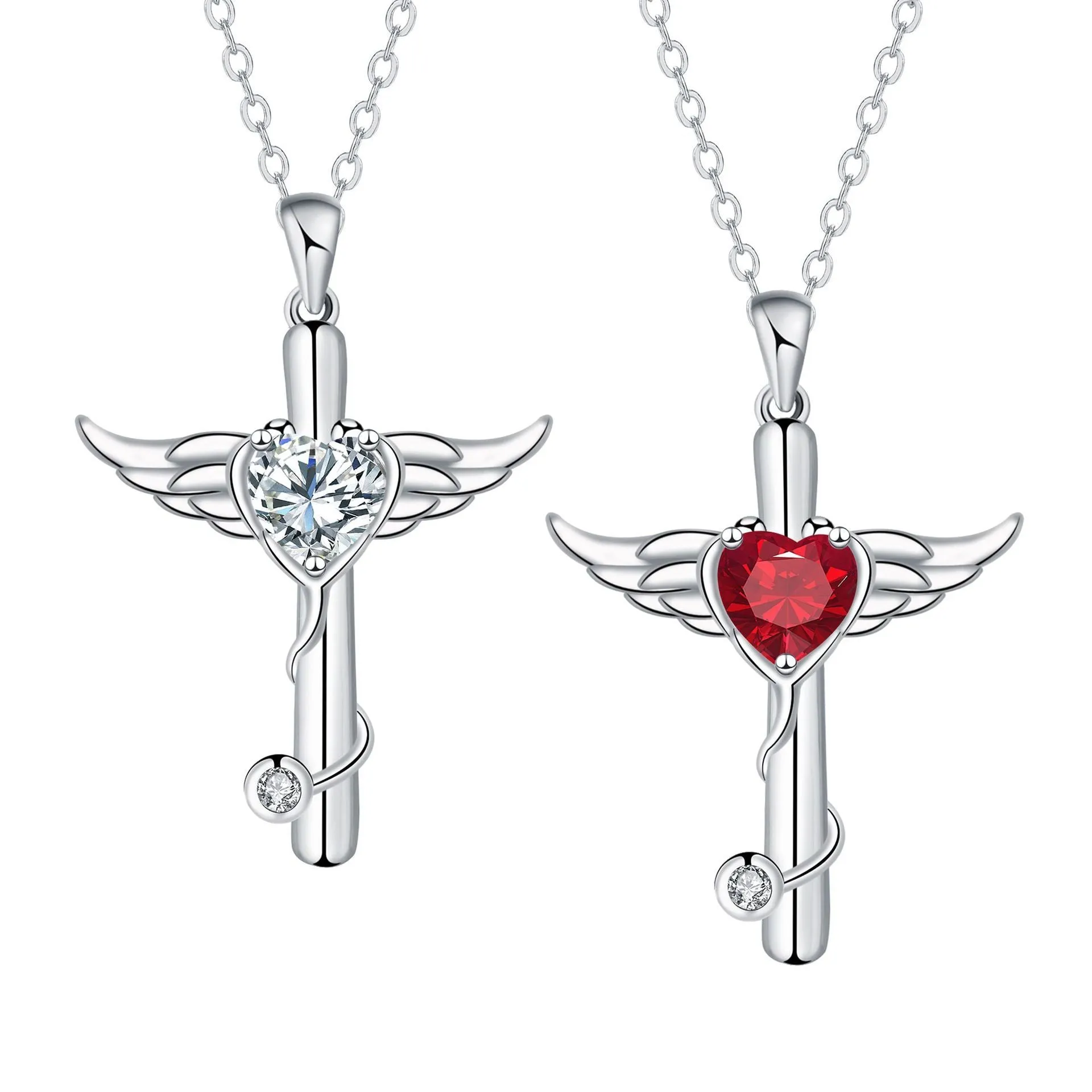 Wings cross stethoscope pendant necklace in electroplated copper with red diamond or white diamond colour options
