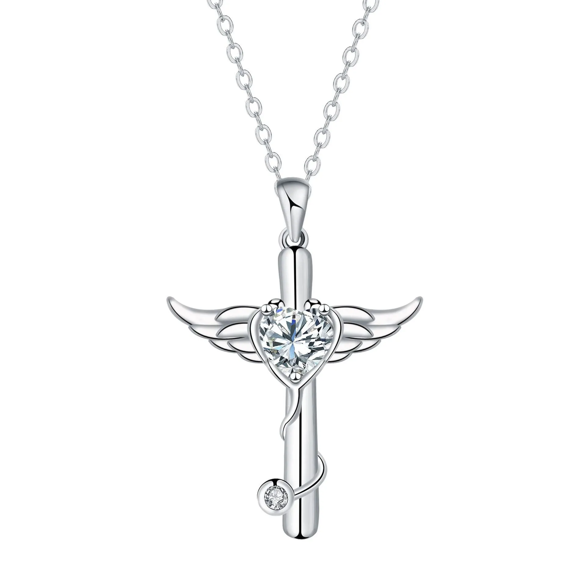 Wings cross stethoscope pendant necklace in electroplated copper with red diamond or white diamond colour options
