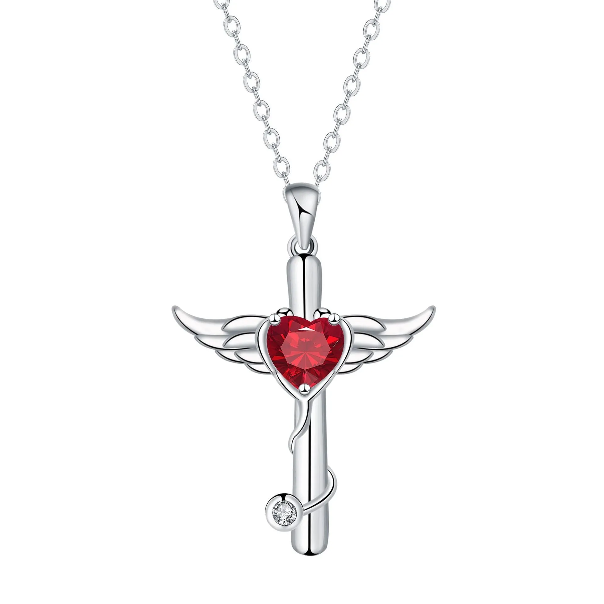 Wings cross stethoscope pendant necklace in electroplated copper with red diamond or white diamond colour options