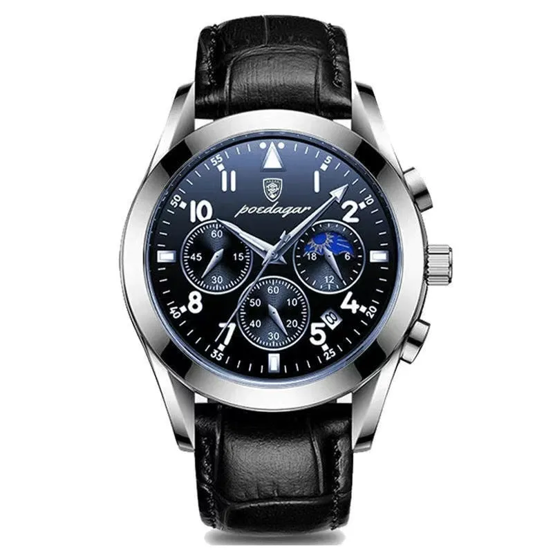 Men's multifunction quartz watch with luminous hands moon phase chronograph 41mm dial 50m waterproof screw crown stainless steel buckle