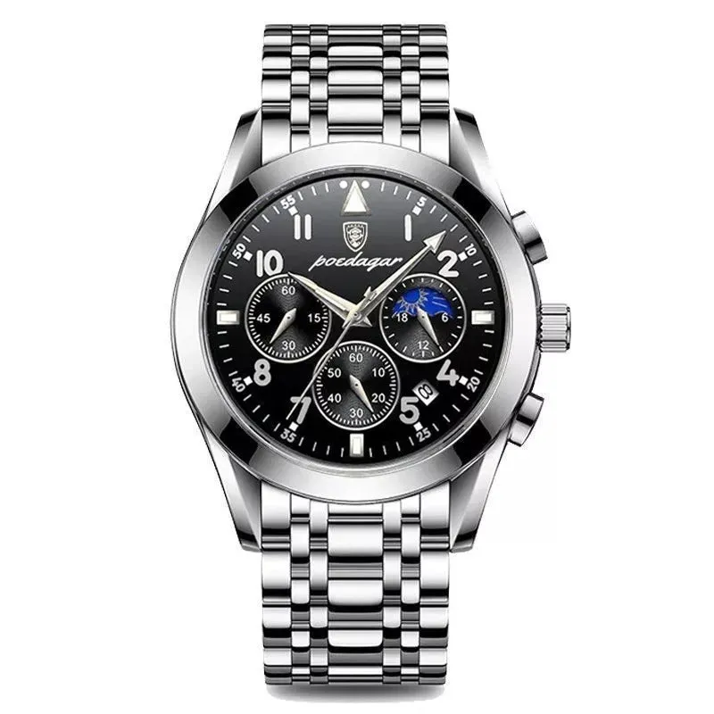 Men's multifunction quartz watch with luminous hands moon phase chronograph 41mm dial 50m waterproof screw crown stainless steel buckle