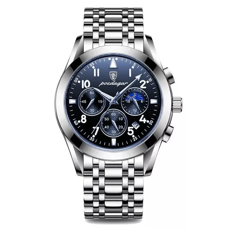 Men's multifunction quartz watch with luminous hands moon phase chronograph 41mm dial 50m waterproof screw crown stainless steel buckle