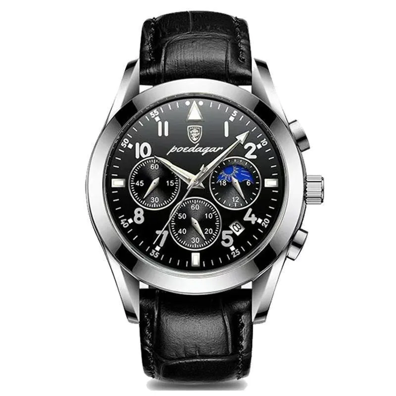 Men's multifunction quartz watch with luminous hands moon phase chronograph 41mm dial 50m waterproof screw crown stainless steel buckle