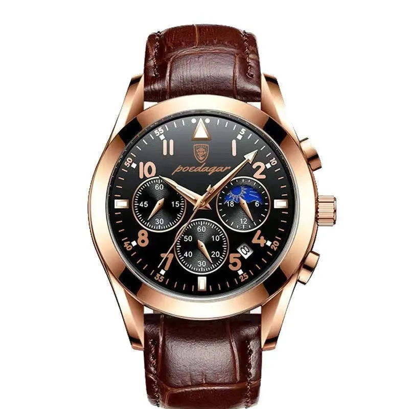 Men's multifunction quartz watch with luminous hands moon phase chronograph 41mm dial 50m waterproof screw crown stainless steel buckle