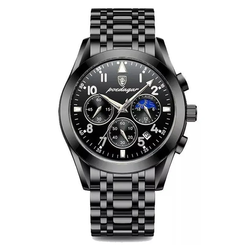 Men's multifunction quartz watch with luminous hands moon phase chronograph 41mm dial 50m waterproof screw crown stainless steel buckle