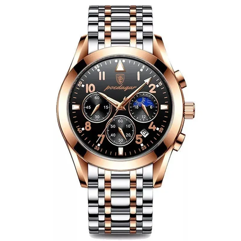 Men's multifunction quartz watch with luminous hands moon phase chronograph 41mm dial 50m waterproof screw crown stainless steel buckle