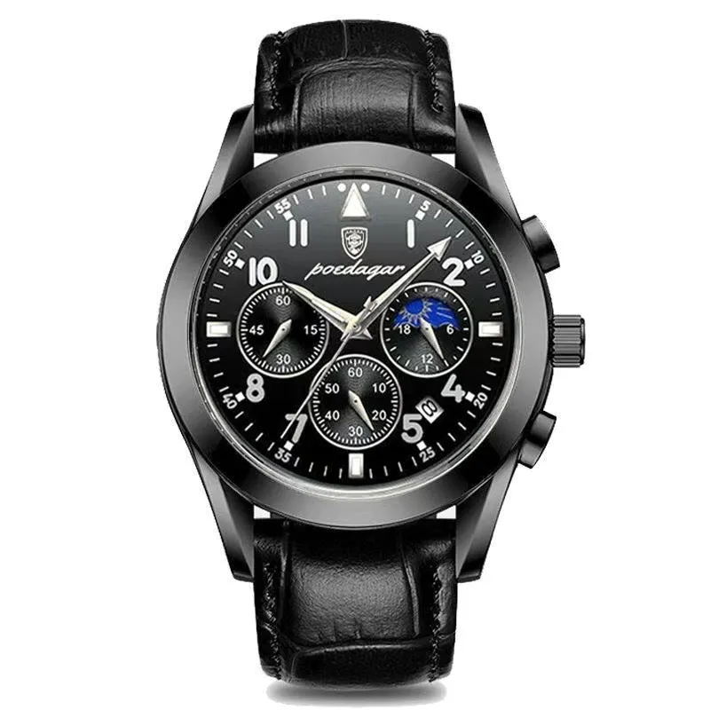 Men's multifunction quartz watch with luminous hands moon phase chronograph 41mm dial 50m waterproof screw crown stainless steel buckle