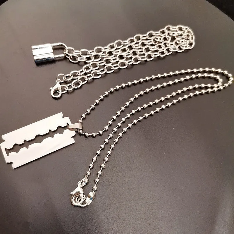 Layered chains punk necklace in alloy and titanium steel with electroplated finish in picture colour, Blade style option.