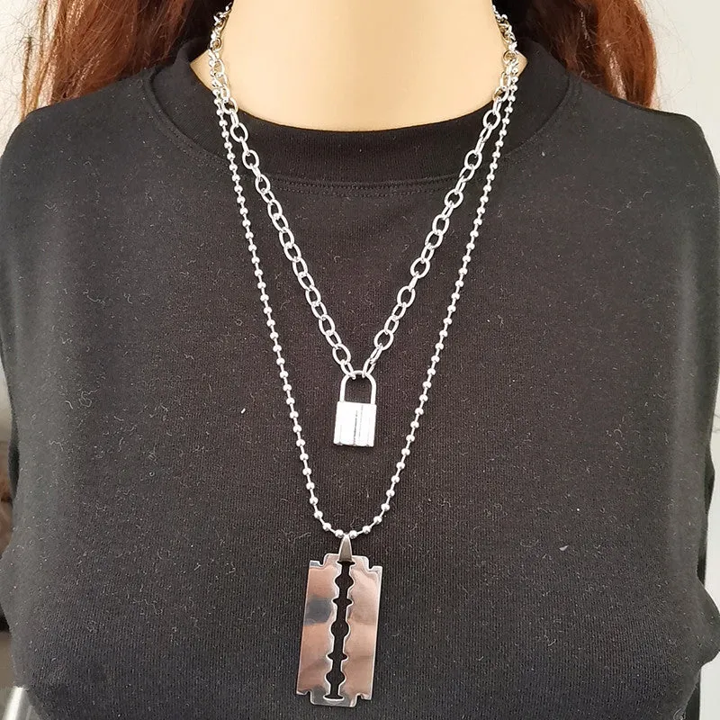 Layered chains punk necklace in alloy and titanium steel with electroplated finish in picture colour, Blade style option.