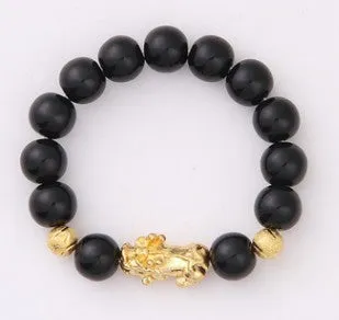 Imitation obsidian 18K gold bracelet with six brave words and little pearl accents
