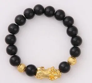 Imitation obsidian 18K gold bracelet with six brave words and little pearl accents