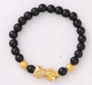 Imitation obsidian 18K gold bracelet with six brave words and little pearl accents