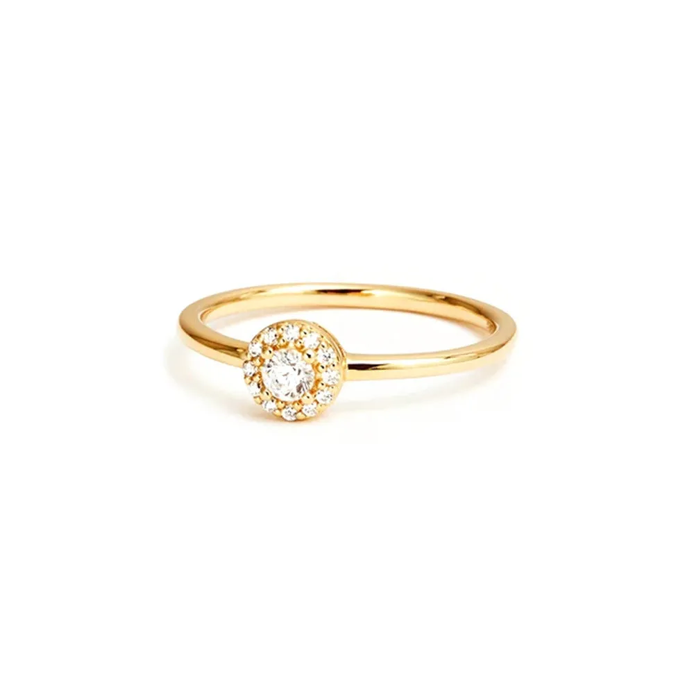 18K gold plated silver ring with round moissanite stone in geometric rounded-corner design, available in sizes No 5 to No 8