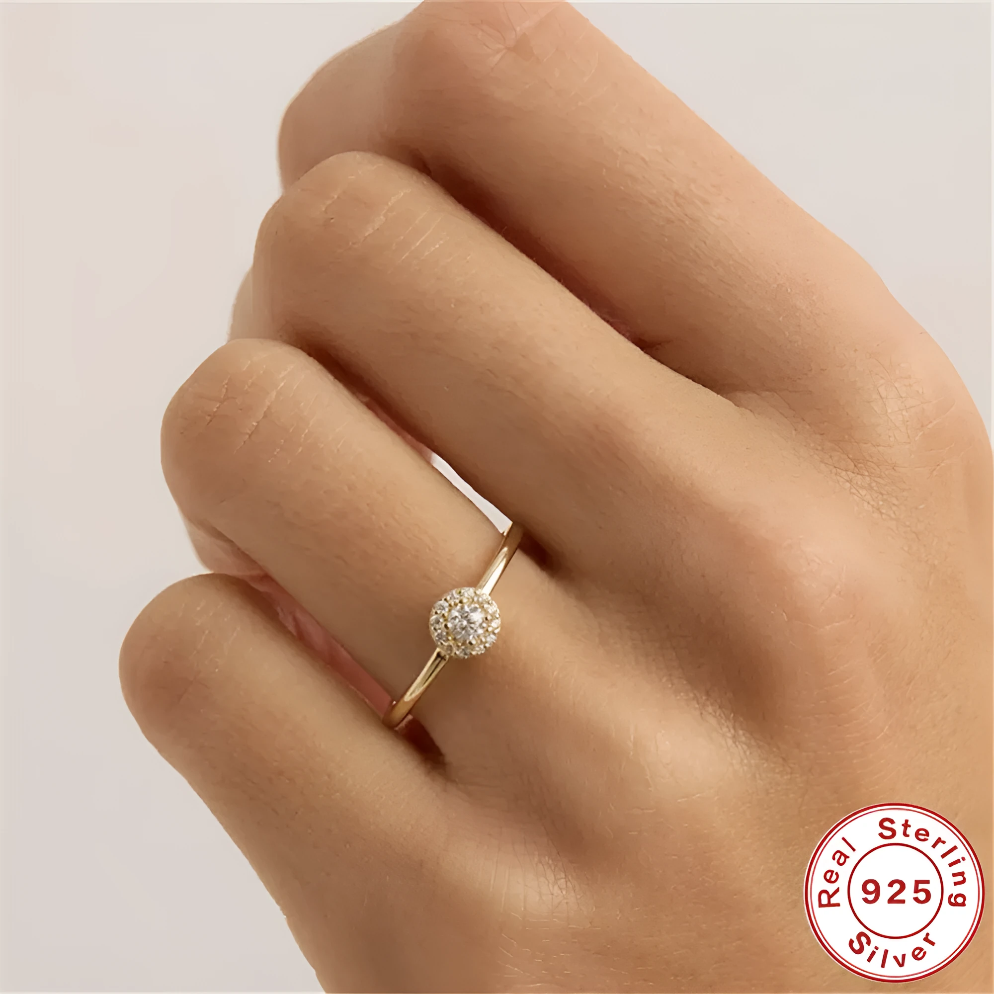 18K gold plated silver ring with round moissanite stone in geometric rounded-corner design, available in sizes No 5 to No 8