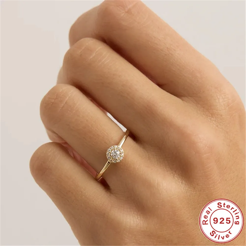 18K gold plated silver ring with round moissanite stone in geometric rounded-corner design, available in sizes No 5 to No 8