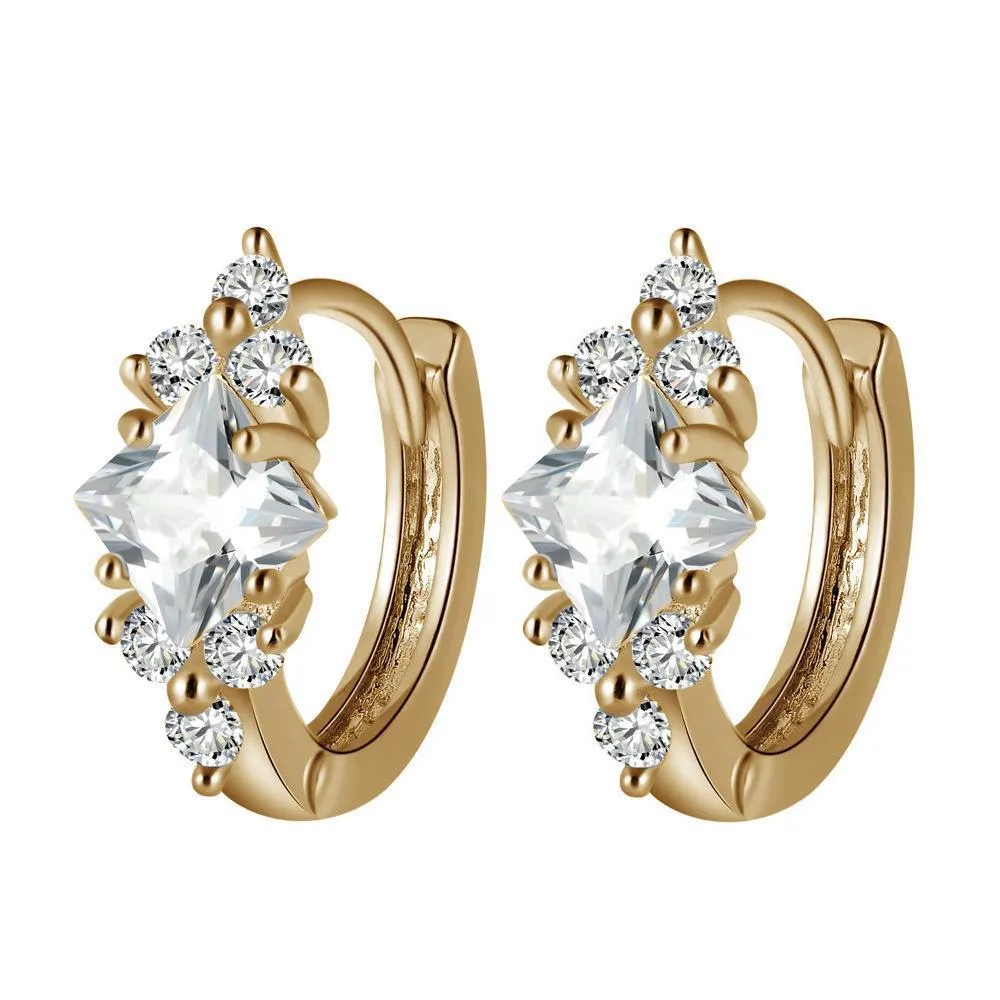 Geometric square zircon earrings for women in copper, gold colour option, 1.8 cm length