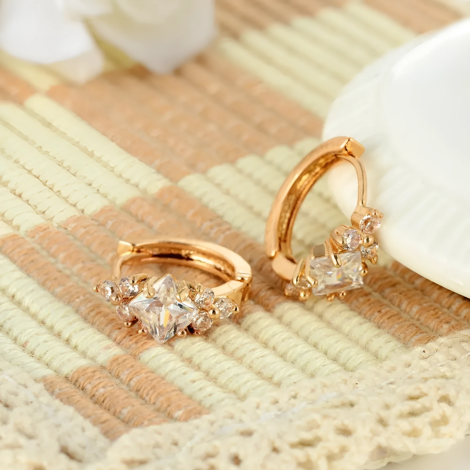 Geometric square zircon earrings for women in copper, gold colour option, 1.8 cm length