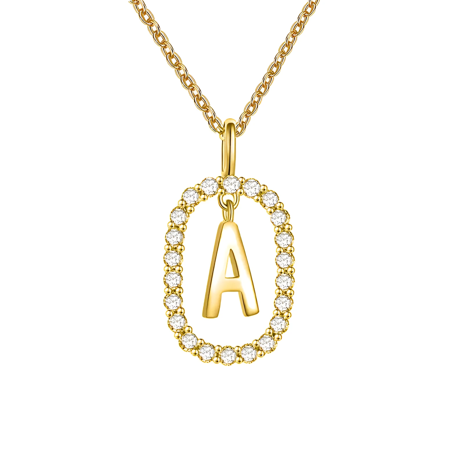 Gold crystal letter necklace with rhinestone initial on oval pendant and O-chain