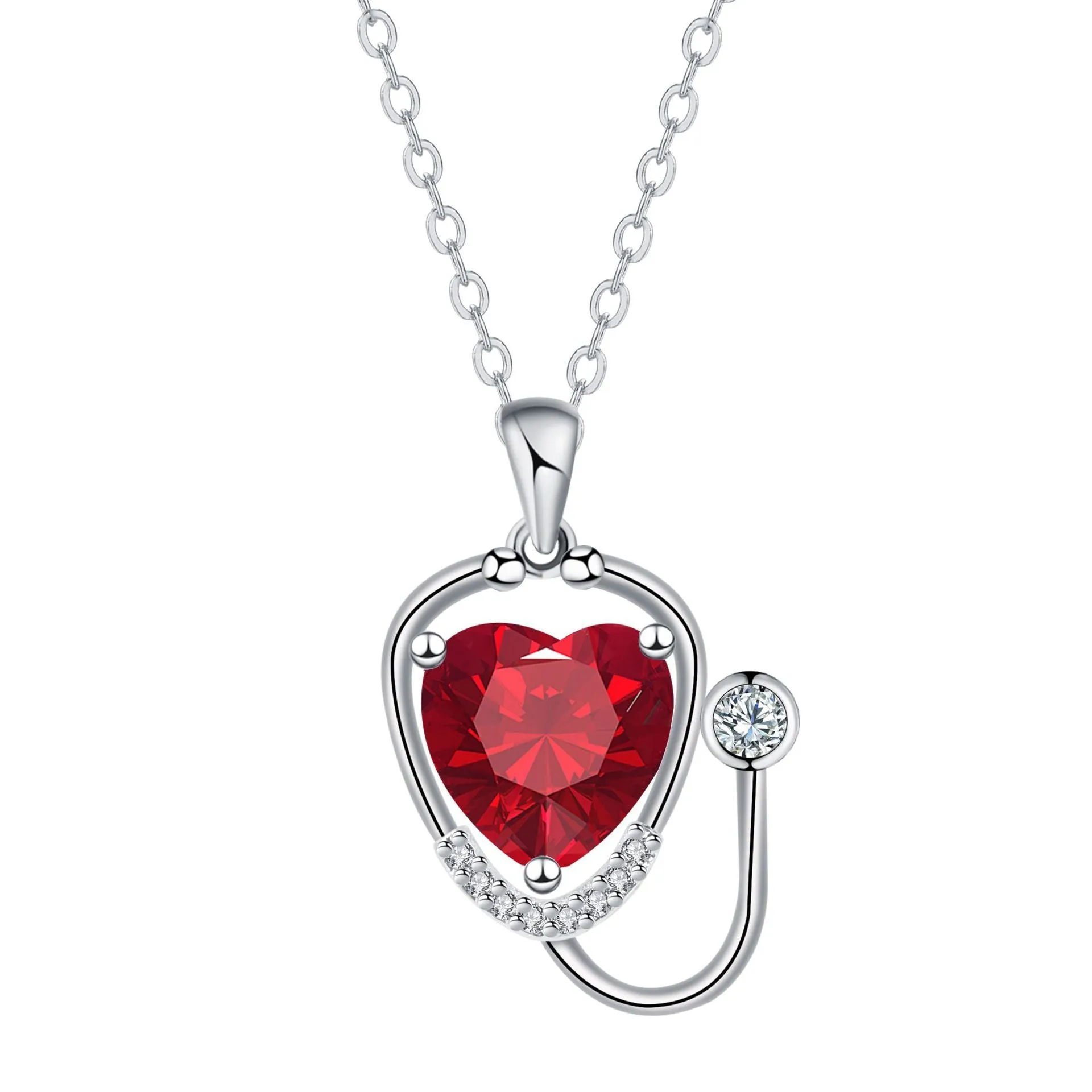 Red diamond women's necklace with stethoscope, wing, and cross pendant design on a copper chain.