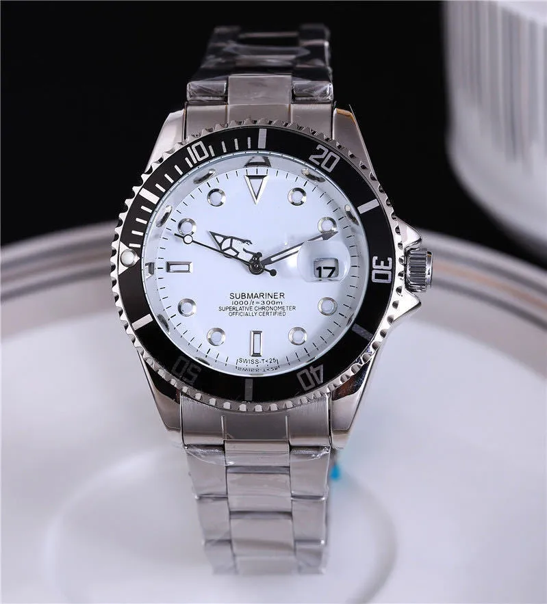 Men's quartz watch with 40.5mm round dial, metal case, alloy strap with stainless steel buckle, and calendar display