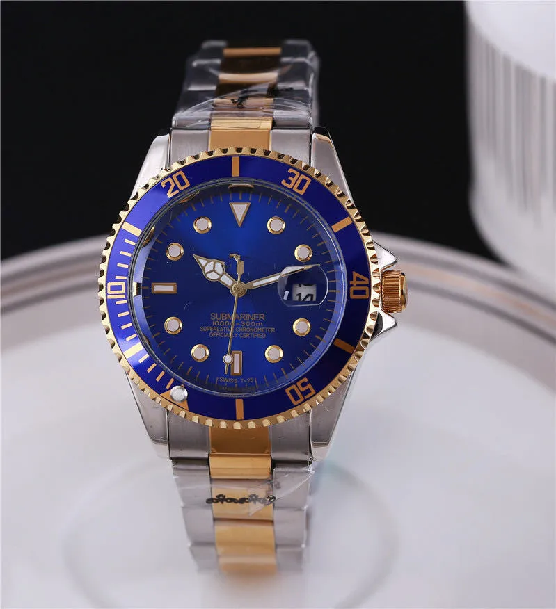 Men's quartz watch with 40.5mm round dial, metal case, alloy strap with stainless steel buckle, and calendar display