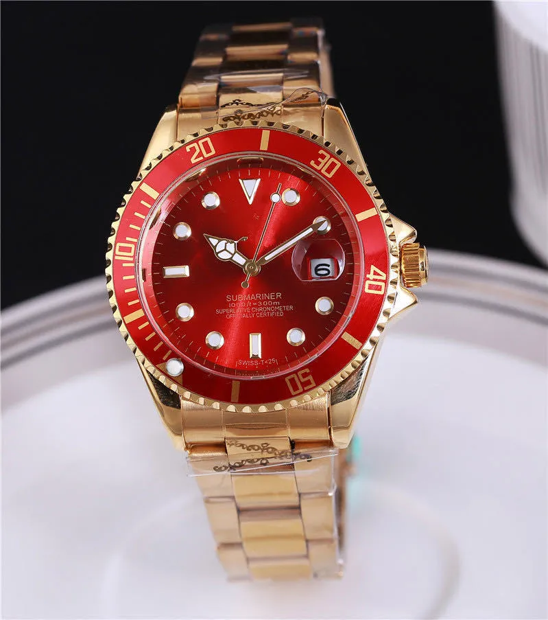 Men's quartz watch with 40.5mm round dial, metal case, alloy strap with stainless steel buckle, and calendar display