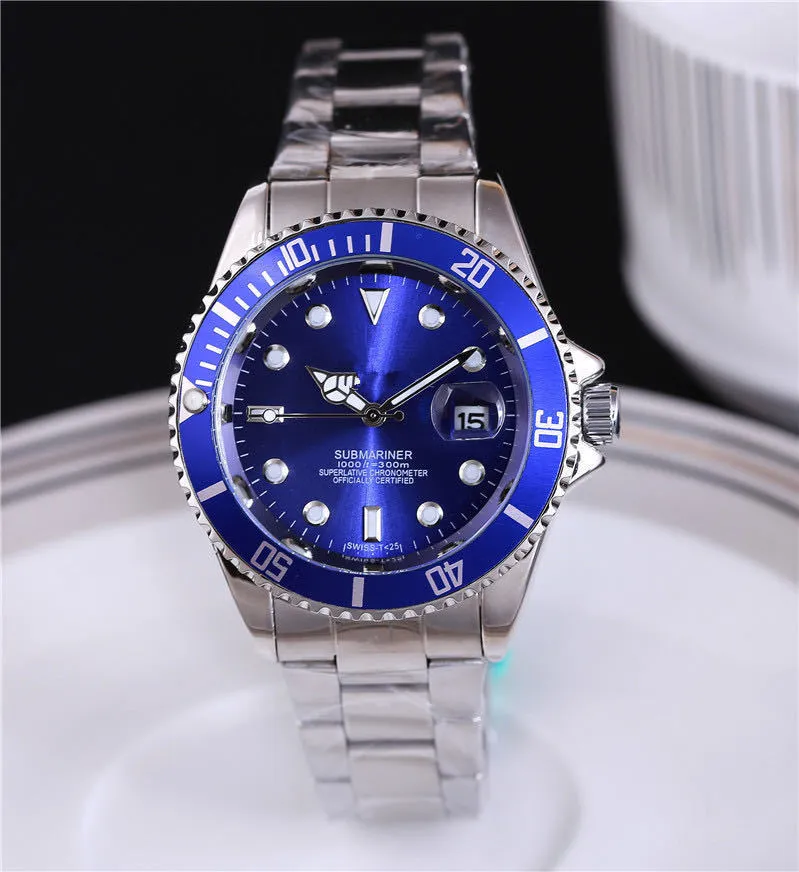 Men's quartz watch with 40.5mm round dial, metal case, alloy strap with stainless steel buckle, and calendar display