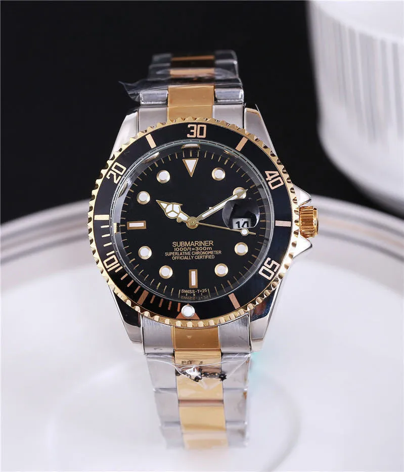 Men's quartz watch with 40.5mm round dial, metal case, alloy strap with stainless steel buckle, and calendar display