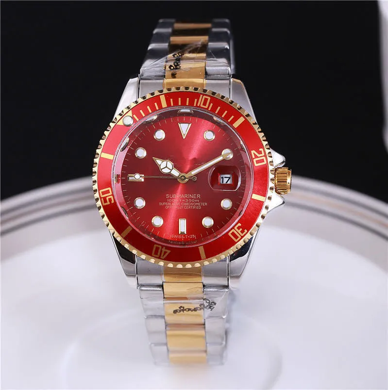 Men's quartz watch with 40.5mm round dial, metal case, alloy strap with stainless steel buckle, and calendar display