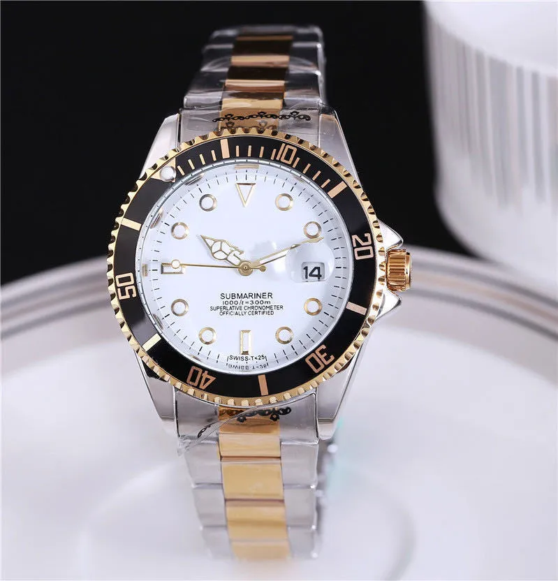 Men's quartz watch with 40.5mm round dial, metal case, alloy strap with stainless steel buckle, and calendar display