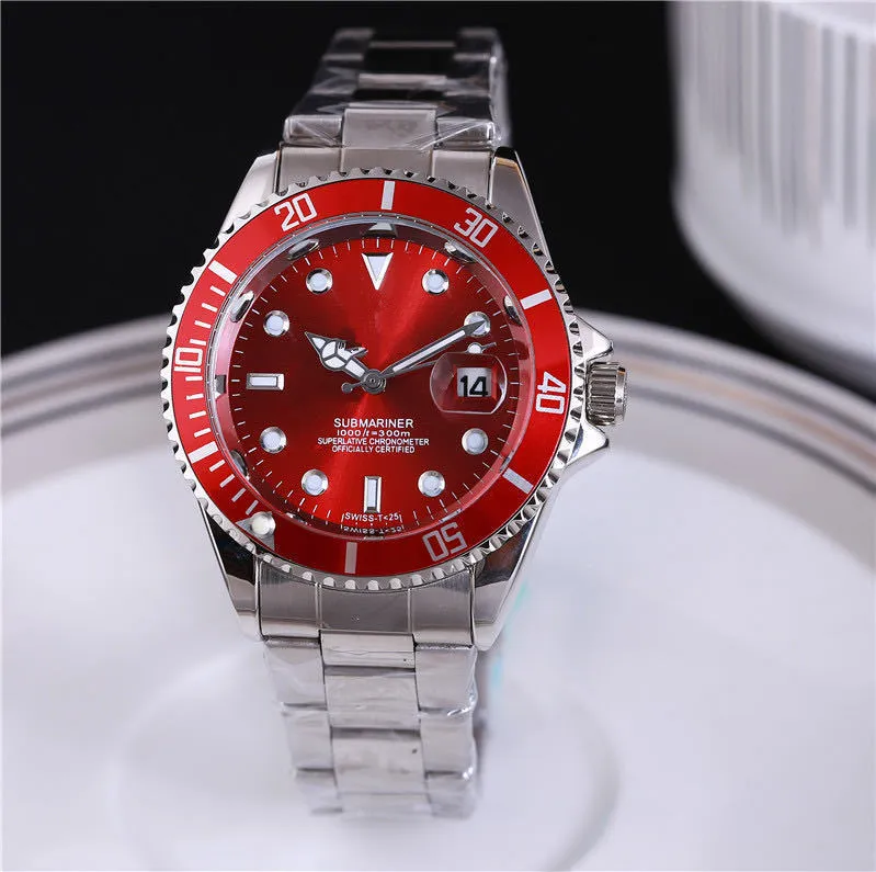 Men's quartz watch with 40.5mm round dial, metal case, alloy strap with stainless steel buckle, and calendar display