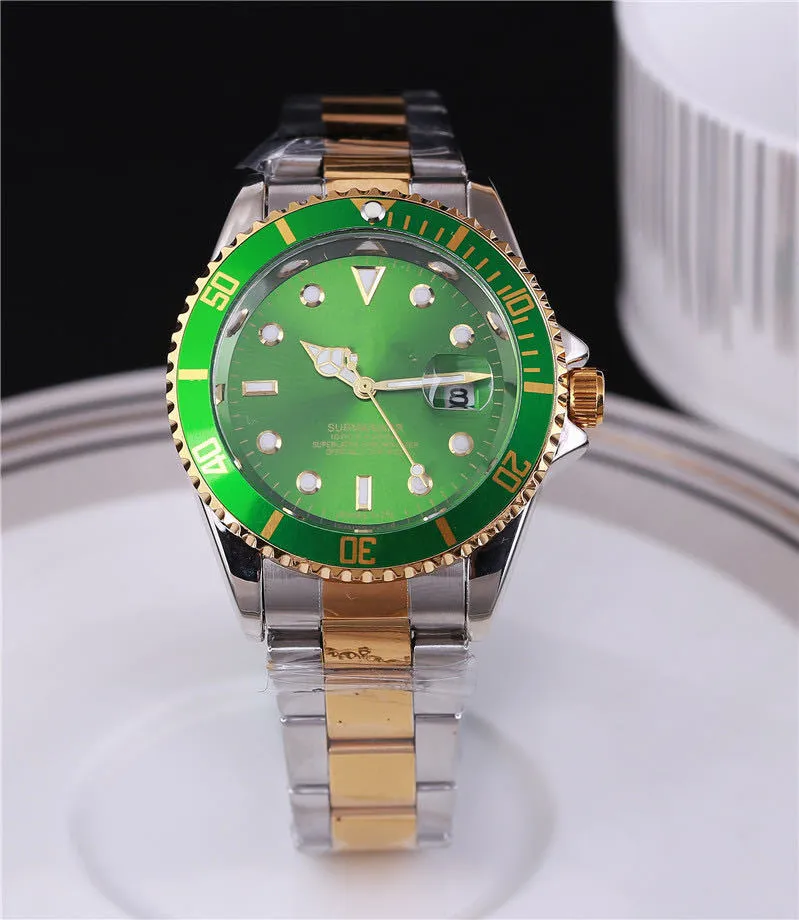 Men's quartz watch with 40.5mm round dial, metal case, alloy strap with stainless steel buckle, and calendar display
