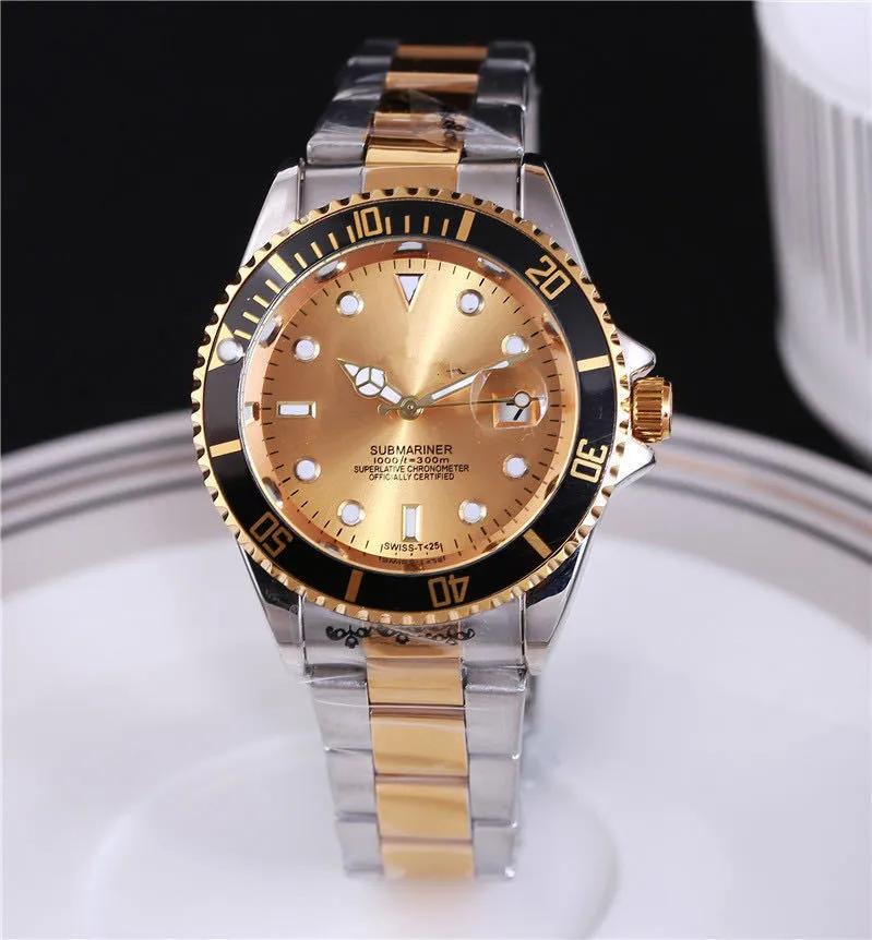 Men's quartz watch with 40.5mm round dial, metal case, alloy strap with stainless steel buckle, and calendar display