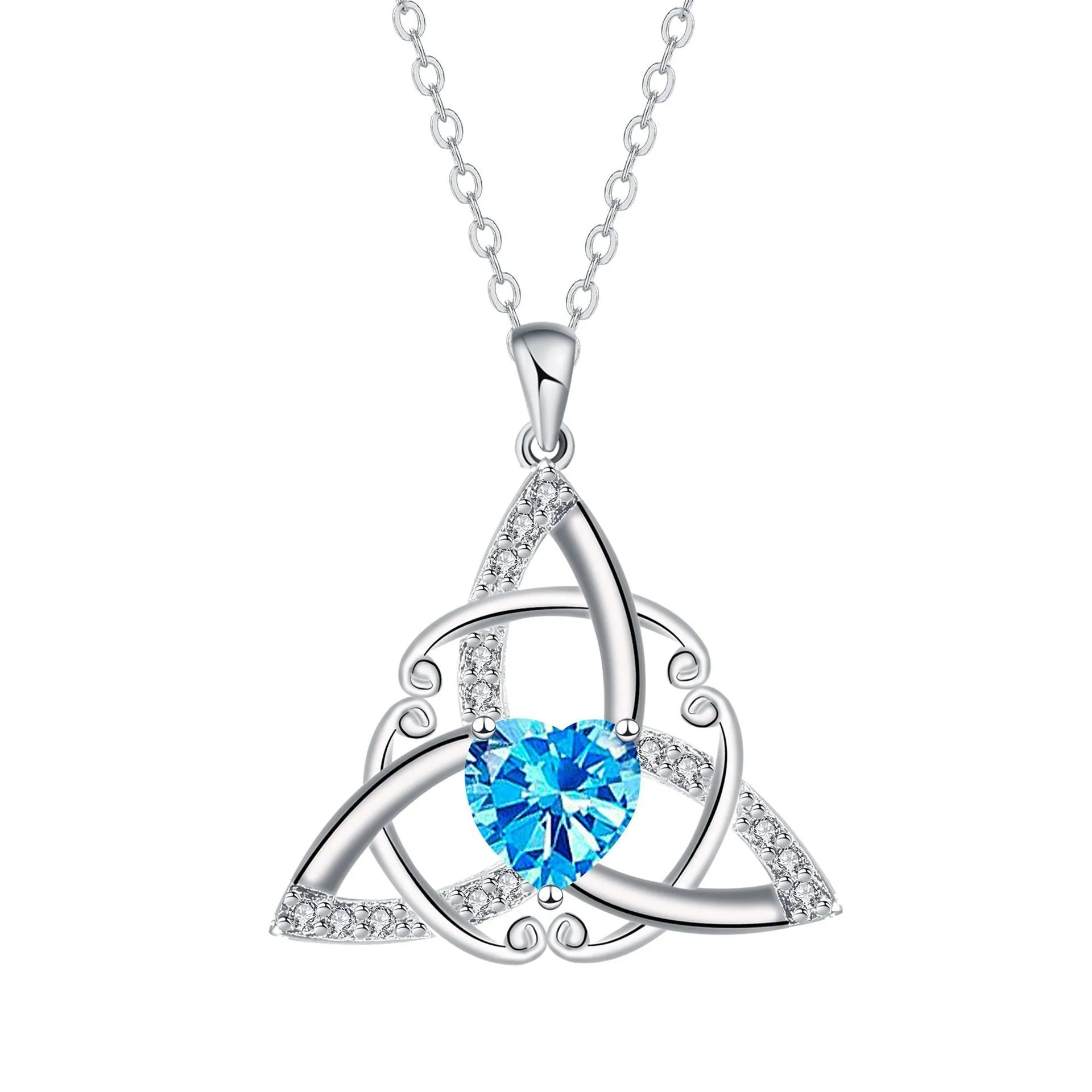 Women's Celtic knot geometric pendant necklace in copper with electroplated blue finish.