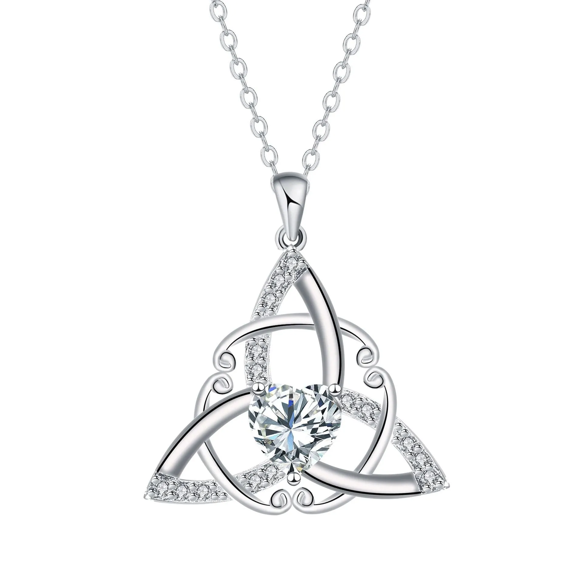 Women's Celtic knot geometric pendant necklace in copper with electroplated blue finish.