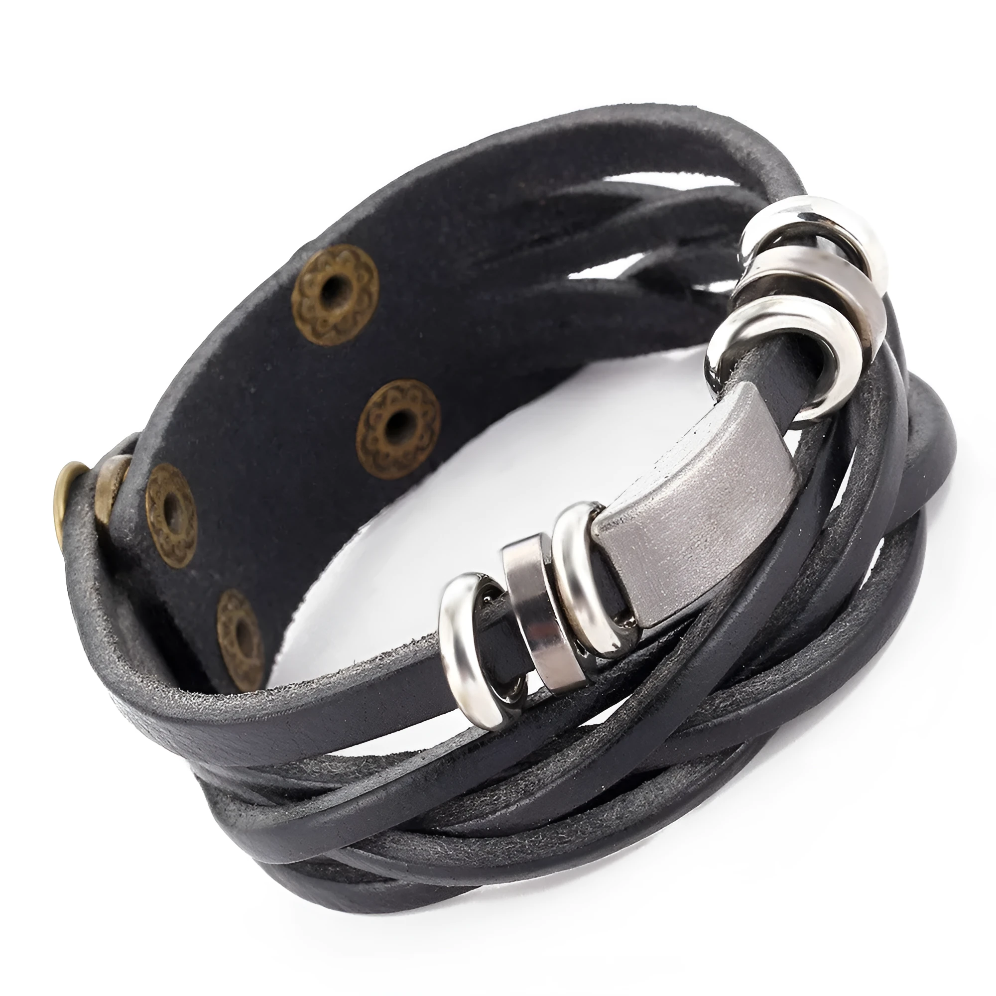 Men's braided leather rope wristband bracelet in brown, multilayer casual style