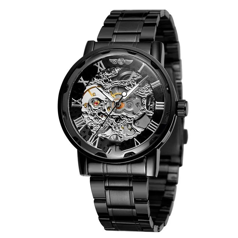 Men's retro automatic mechanical watch with black round dial, mineral glass mirror, and stainless steel butterfly clasp