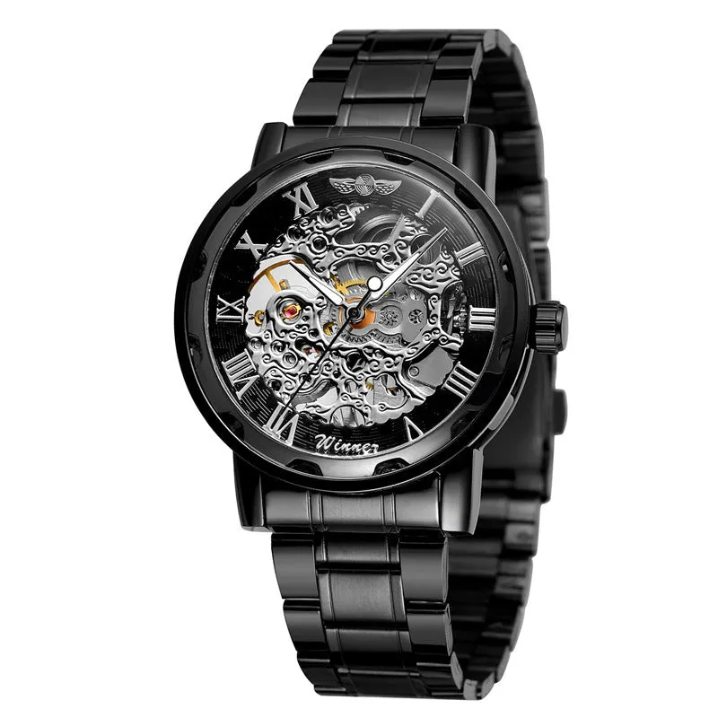 Men's retro automatic mechanical watch with black round dial, mineral glass mirror, and stainless steel butterfly clasp