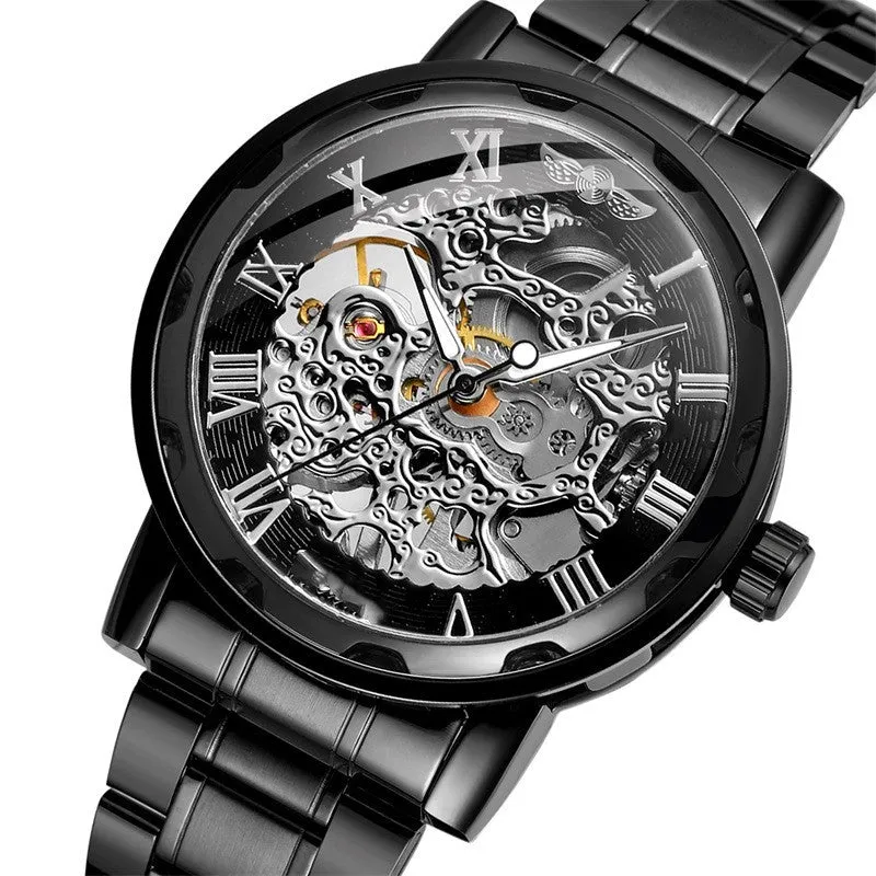 Men's retro automatic mechanical watch with black round dial, mineral glass mirror, and stainless steel butterfly clasp