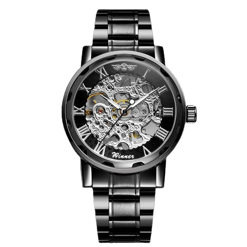Men's retro automatic mechanical watch with black round dial, mineral glass mirror, and stainless steel butterfly clasp