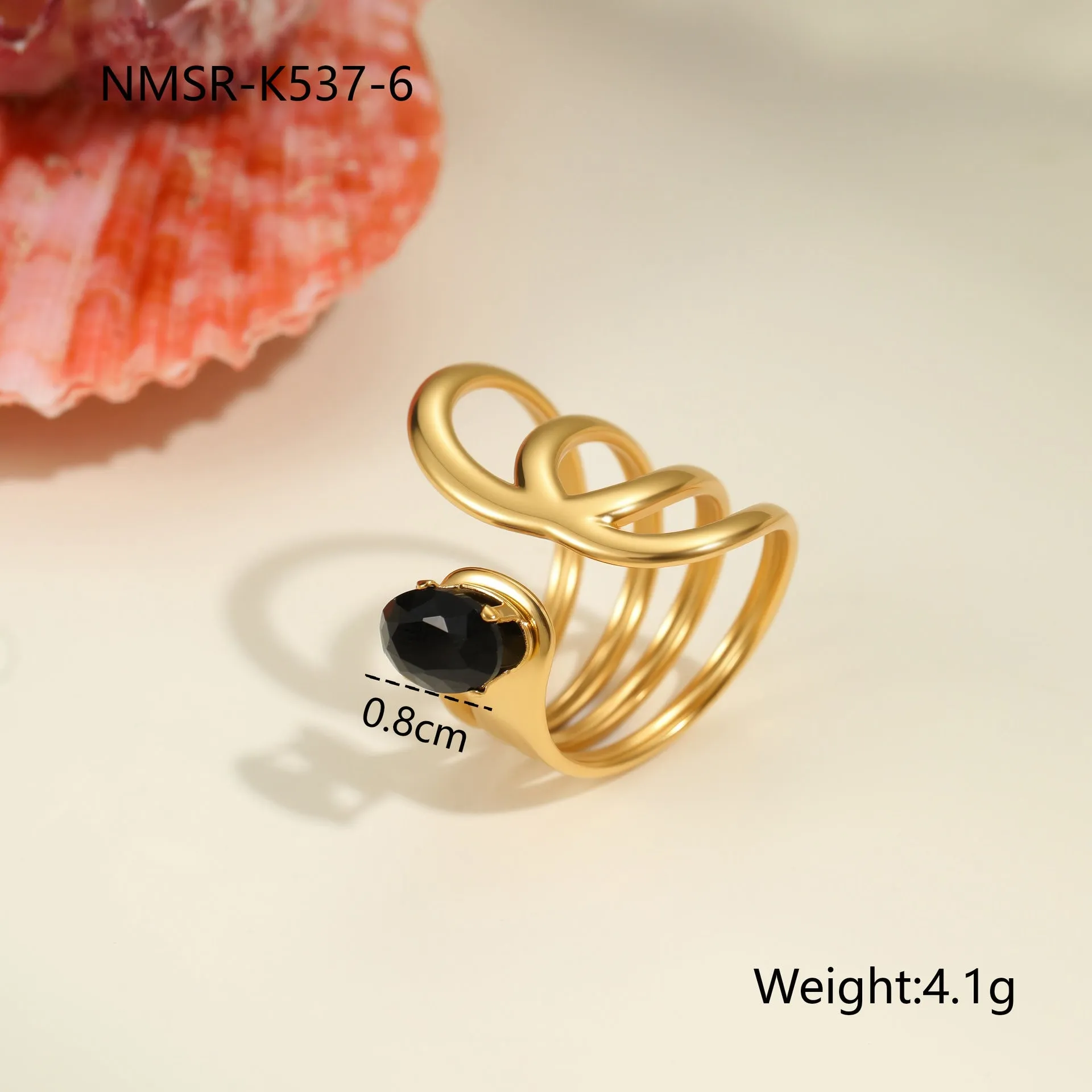 Geometric open mouth titanium steel ring for women with zircon inlays on a grey background