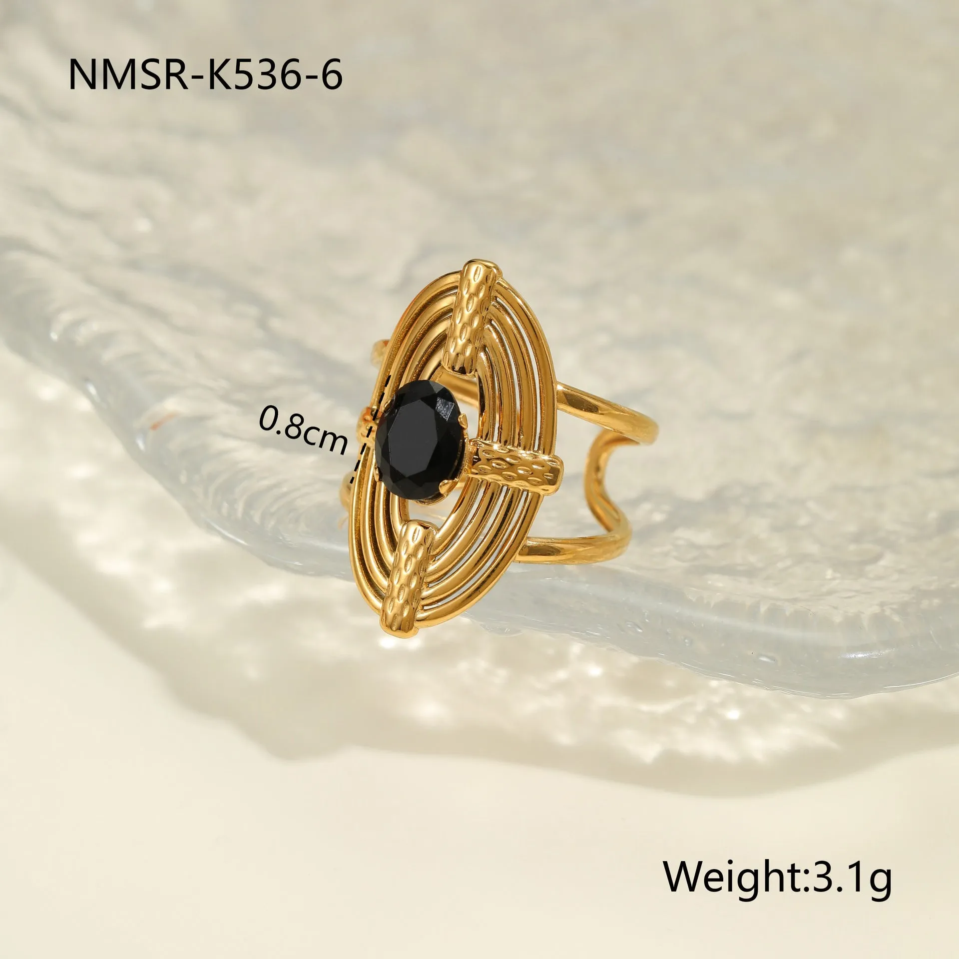 Geometric open mouth titanium steel ring for women with zircon inlays on a grey background