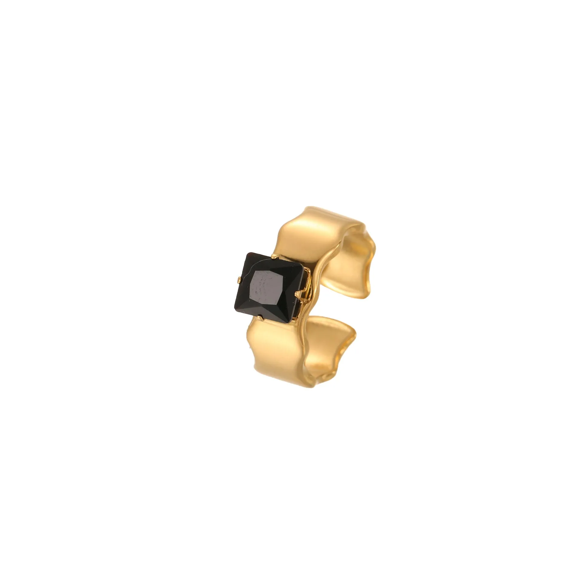 Geometric open mouth titanium steel ring for women with zircon inlays on a grey background