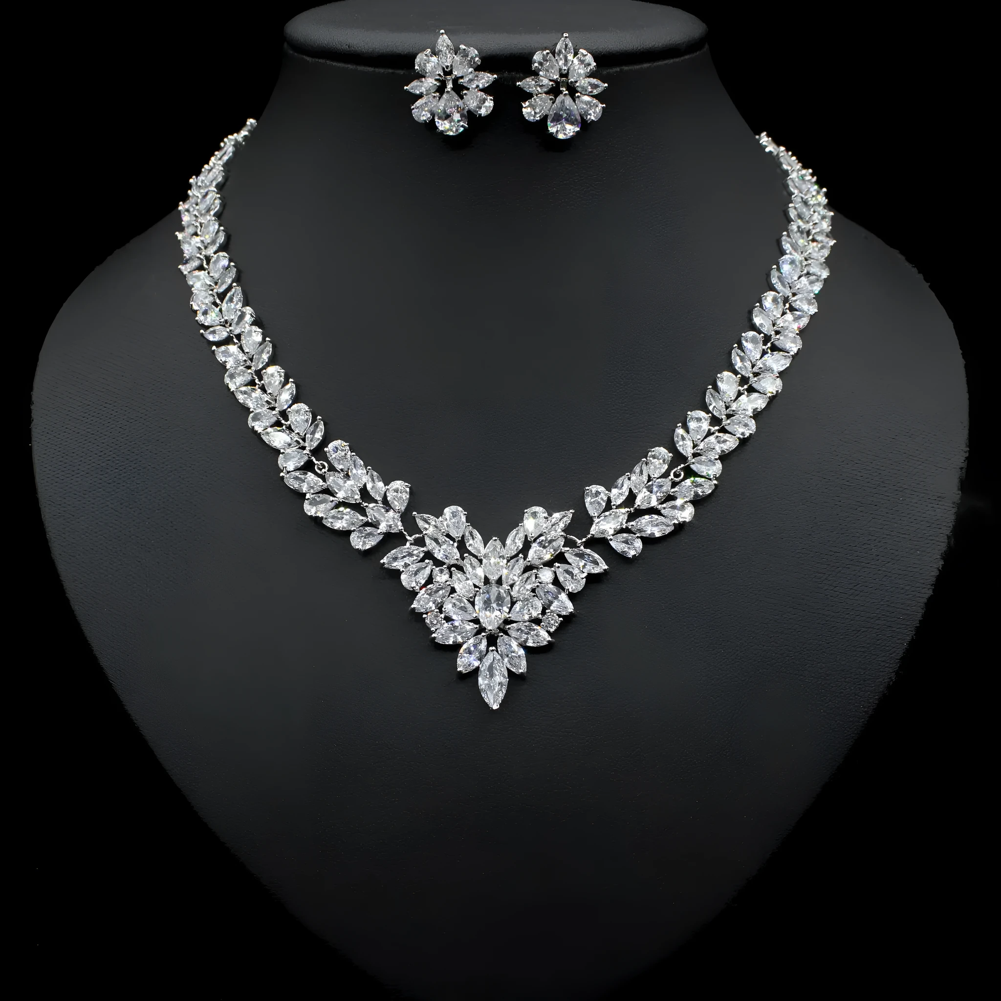 Ice flower earrings and necklace set, Korean style, copper and zircon, gold electroplated, flower design