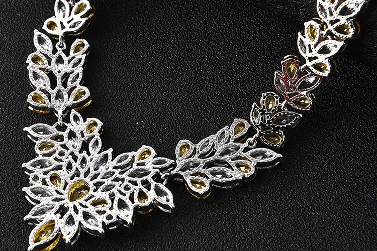 Ice flower earrings and necklace set, Korean style, copper and zircon, gold electroplated, flower design