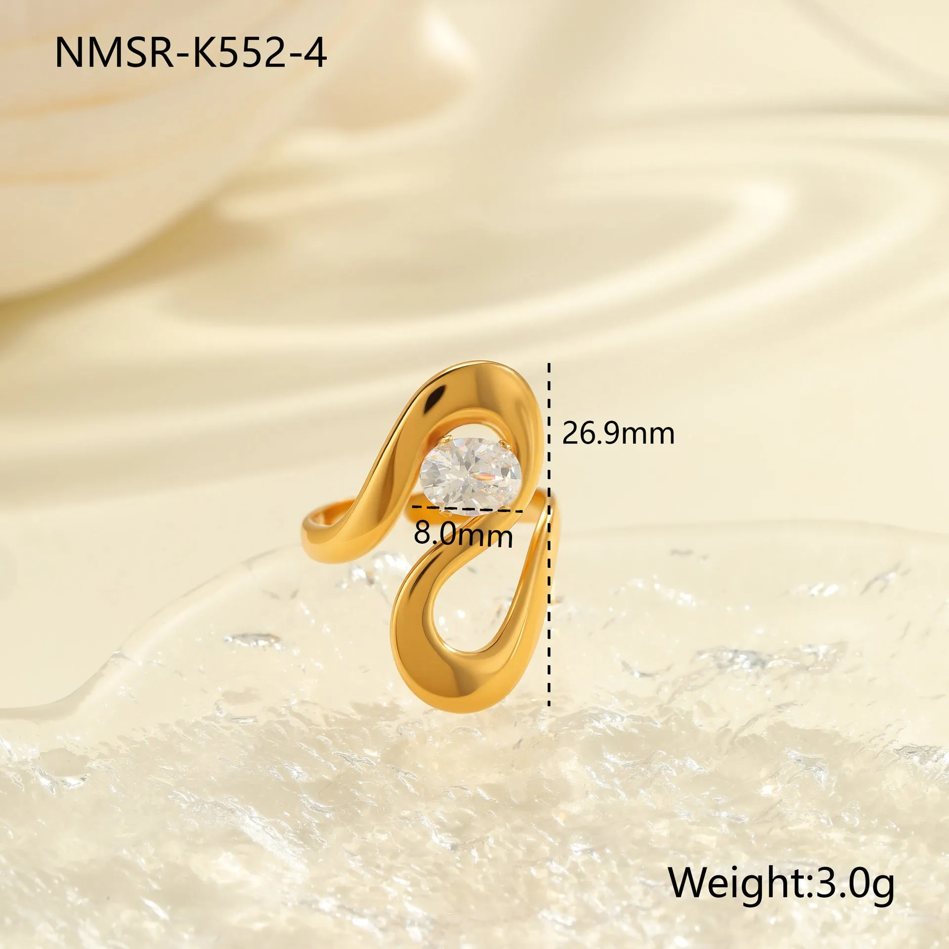 Geometric open mouth zircon ring in stainless steel with electroplated colour finish.