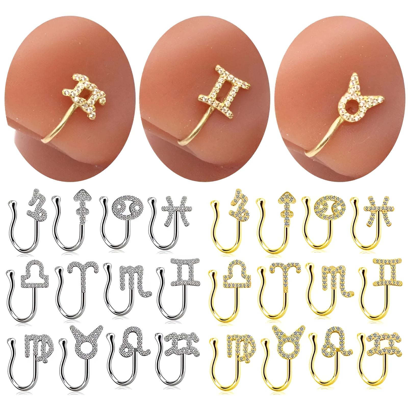 Copper constellation nose ring with geometric shape, available in Platinum or Gold finish, showing zodiac sign design