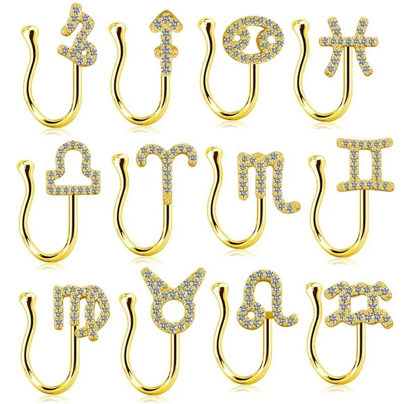 Copper constellation nose ring with geometric shape, available in Platinum or Gold finish, showing zodiac sign design