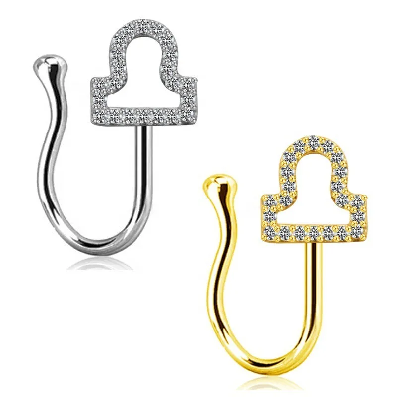 Copper constellation nose ring with geometric shape, available in Platinum or Gold finish, showing zodiac sign design